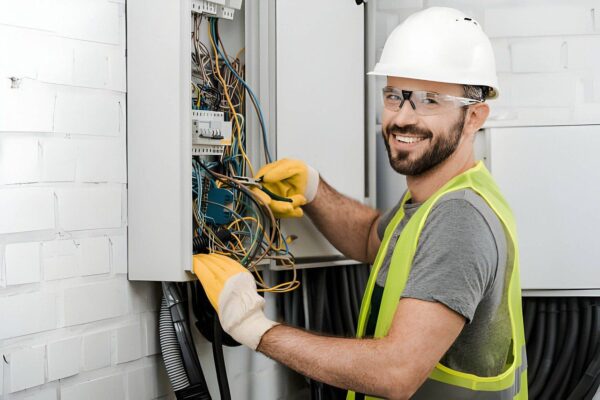 Electrician at breaker box